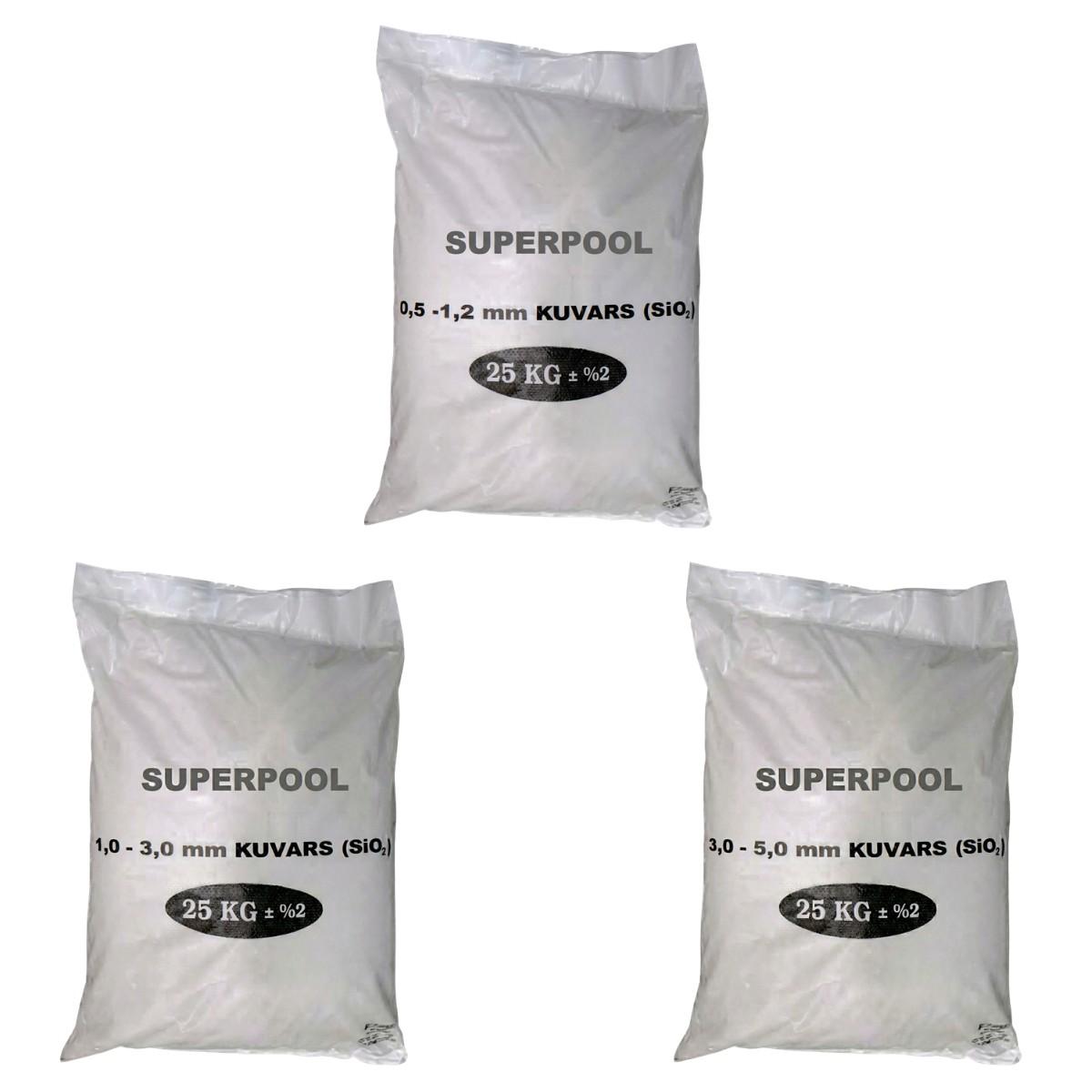 K0550 Superpool Havuz Filtre Temizleyici Kuvars Kumu 25 KG 3'lü Paket (3,0-5,0 / 1,0-3,0 / 0,5-1,2)
